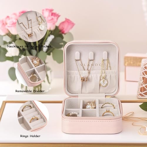 VLANDO Small Faux Leather Travel Jewelry Box Organizer Display Storage Case for Rings Earrings Necklace, Pink - color: MI. Pink