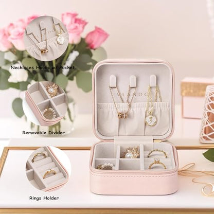 VLANDO Small Faux Leather Travel Jewelry Box Organizer Display Storage Case for Rings Earrings Necklace, Pink - color: MI. Pink
