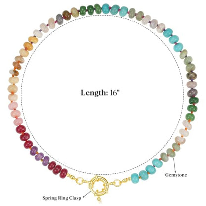 KissYan Beaded Gemstone Necklaces for Women | Colorful Bead Natural Stone Choker with 14K Gold Plated Spring Ring Clasp, Handmade Knot Jewelry for Summer Beach - color: A-Rainbow