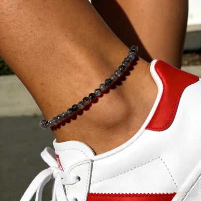Natural Stone Beaded Anklets for Women, Handmade Boho Clear Quartz 4mm Crystal Beads Anklet, Gold Chain Adjustable Ankles Bracelet, Beach Summer Jewelry Gemstone Foot Bracelet Gift - color: Labradorite