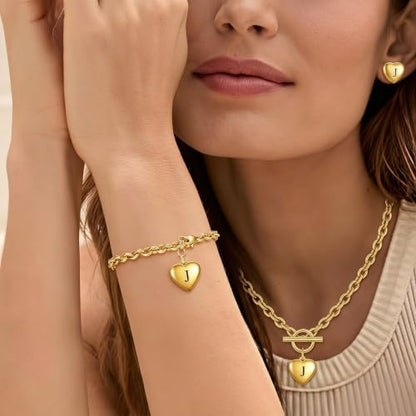 Women's 3 Pieces Heart Name Initial Necklace, Bracelet, Earrings, Jewelry Set Stainless Steel A-Z letters Jewelry Suits - color: Gold, size: J