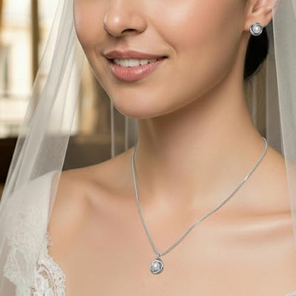 Mariell Freshwater Pearl Wedding Necklace Earrings Set for Brides, Bridesmaids, Birthday Gift - color: Silver