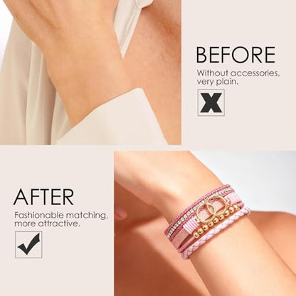 Leather Wrap Bracelets for Women, Boho Leopard Multi-Layer Crystal Beads Cuff Jewelry - color: J-Warp-012