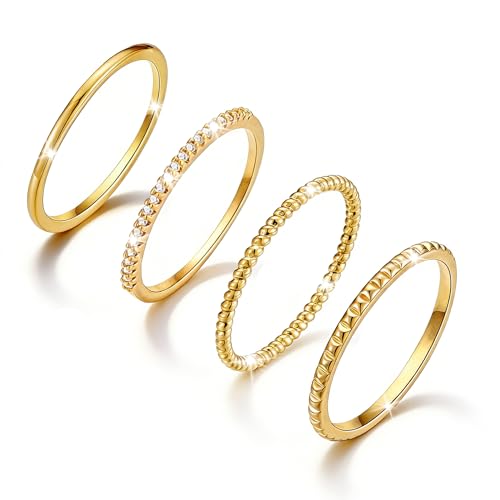 Lunvky Silver Stacking Rings for Women 14K Gold Plated Ring Non Tarnish Thin Trendy Stackable Dainty Cubic Zirconia Finger Pinky Thumb Wedding Band Rings Set Jewelry Gifts Size 5-10 - color: B-Gold, size: 6