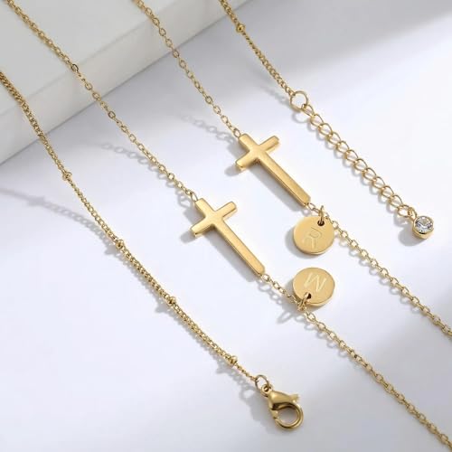 Cross Bracelet Set for Women, 18K Gold Plated Stainless Steel, Minimalist Cross & Initial Letter Charm, Adjustable Layered Bracelets with Gift Box and Inspirational Cards - style: Initial-A