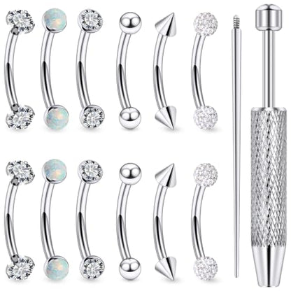 16G Eyebrow Ring Piercing Jewelry Surgical Steel CZ Opal Ball Spike Curved Barbell Vertical Labret Lip Ring Rook Daith Earrings Belly Button Ring Piercing Jewelry for Women Men 6MM 8MM 10MM - color: Silver, size: 16G, 6mm Length