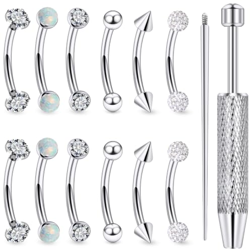 16G Eyebrow Ring Piercing Jewelry Surgical Steel CZ Opal Ball Spike Curved Barbell Vertical Labret Lip Ring Rook Daith Earrings Belly Button Ring Piercing Jewelry for Women Men 6MM 8MM 10MM - color: Silver, size: 16G, 8mm Length