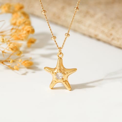 MTMY Gold Starfish Necklace 14K Gold Plated Shell Conch Ocean Pendant Necklace for Women Beach Summer Jewelry - style: starfish