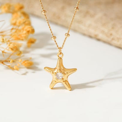 MTMY Gold Starfish Necklace 14K Gold Plated Shell Conch Ocean Pendant Necklace for Women Beach Summer Jewelry - style: starfish