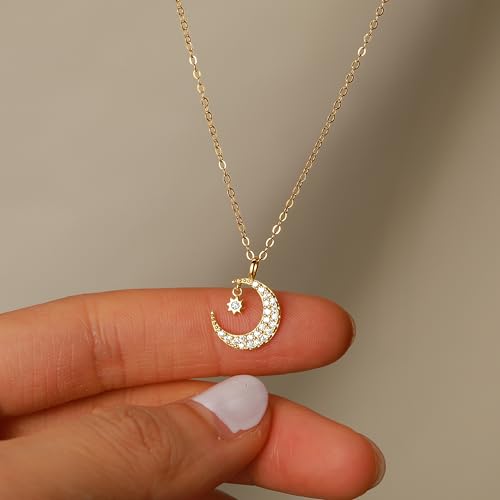 925 Sterling Silver Dainty Crescent Moon Necklace for Women | 14K Gold Plated White Cubic Zirconia Moon and Star Pendant Choker Necklace to Daughter Mother Trendy Wedding Jewelry Gifts - color: Gold