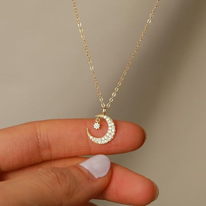925 Sterling Silver Dainty Crescent Moon Necklace for Women | 14K Gold Plated White Cubic Zirconia Moon and Star Pendant Choker Necklace to Daughter Mother Trendy Wedding Jewelry Gifts - color: Gold
