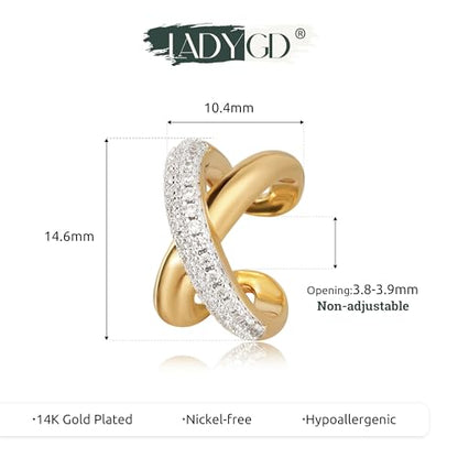Sparkle Ear Cuff for Women, Non Piercing Single | 14K Gold Plated Brass, Clear Cubic Zirconia Accents, Fixed 3.8-3.9 mm Opening, Single Non-Piercing Cuff For Ear Stacks - style: Cross Sparkle