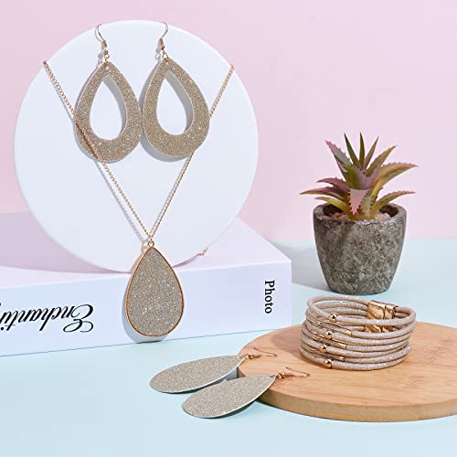 Ornaland 4 Pcs Leather Earrings Necklace Bracelet Set Print Earrings Faux Leather Necklace Multi-Layer Bracelet Jewelry Set Gifts for Women - color: A5