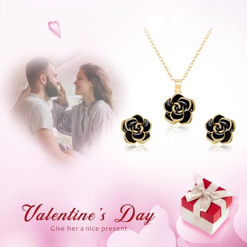 EleQueen Rose Flower Necklace Earrings Bracelet Set for Women - color: 09_Black Gold-Tone