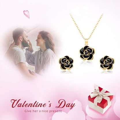 EleQueen Rose Flower Necklace Earrings Bracelet Set for Women - color: 09_Black Gold-Tone