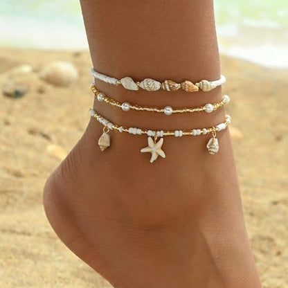 Qceasiy Shell Ankle Bracelets for Women, Boho Beaded Beach Anklet Set | Seashell, Heart, Starfish and Conch Styles, Gold-Tone, Stretch or Adjustable Fit, Layered Beach Vacation Jewelry Gifts - color: White 2