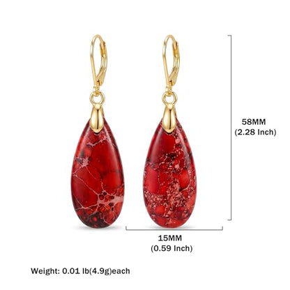 Natural Healing Teardrop Stone Leverback Dangle Drop Earrings Statement Gold earrings - color: Red -Gold