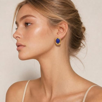 Chunky Gold Stud Earrings for Women 18K Gold Plated Hypoallergenic Chunky Statement Earrings Big Natural Crystal Stone Earring Gift for Women - color: Lapis Lazuli