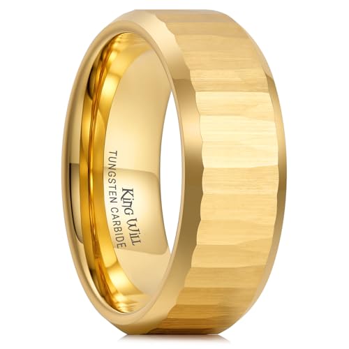 King Will 8mm Mens Hammered Tungsten Rings Matte Brushed Finish | Beveled Edge, Comfort Fit, Durable, Everyday Wear - color: Gold