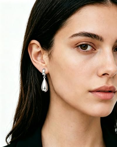 14K Gold Plated Chunky Huggie Hoop Earrings, Plump Teardrop Dangle Drop Earrings Elegant Statement Jewelry for Women - color: teardrop-long/silver