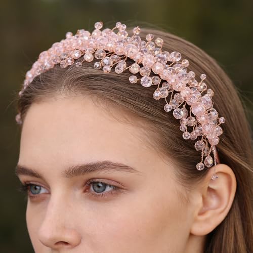 Denifery Large Crystal Headband for Wedding Bridal Hair Band Headpiece for Party Prom Hair Accessories (pink) - color: pink