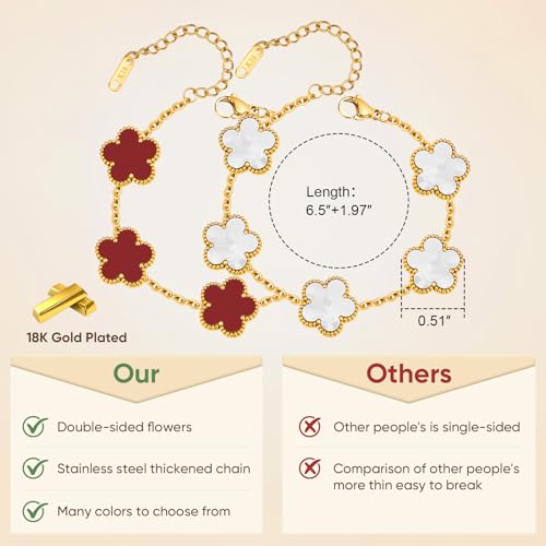 Women Gold Bracelets Jewelry Set - 3Pcs 18K Gold Plated Floral Bracelet,Stainless Steel Charm Bracelet Non-Tarnish,Adjustable Lucky Chain Trendy Gift,Christmas Valentines Birthday Gifts for Girlfriend - style: White&Red