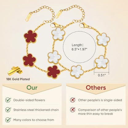 Women Gold Bracelets Jewelry Set - 3Pcs 18K Gold Plated Floral Bracelet,Stainless Steel Charm Bracelet Non-Tarnish,Adjustable Lucky Chain Trendy Gift,Christmas Valentines Birthday Gifts for Girlfriend - style: White&Red