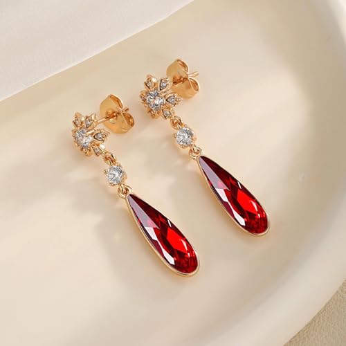 Austrian Crystal Teardrop Earrings Flower Dangle Earrings for Women 14K Gold Plated Drop Stud Earrings Hypoallergenic Jewelry - color: Red