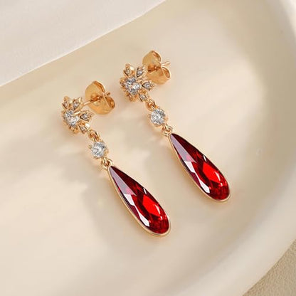 Austrian Crystal Teardrop Earrings Flower Dangle Earrings for Women 14K Gold Plated Drop Stud Earrings Hypoallergenic Jewelry - color: Red