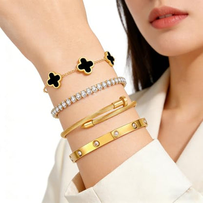 Gold Bracelets for Women, 18K Gold Plated Women Tennis Bracelets Clover Nail Love Bangle Bracelet Set, Gold Bracelet Stackable Set Trendy Jewelry, Gifts for Women's Day and Mother's Day - color: 10-Color- 4 Black