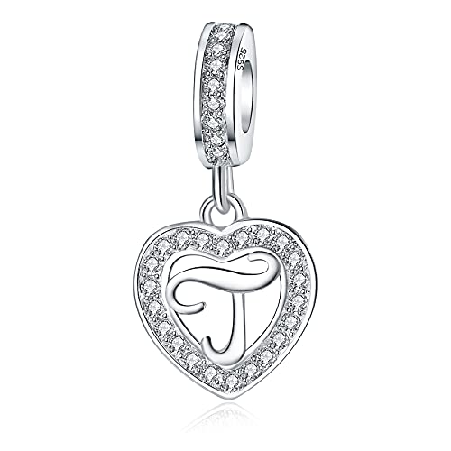 925 Sterling Silver Letter Charms A~Z Alphabet Charm Letter Beads fit Pandora European Bracelets fit Wife Mom Christmas Birthday Gift - color: T