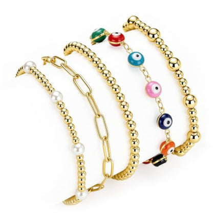 XUANPAI Evil Eye Bracelet for Women, 14K Gold Plated Beaded Bracelet Set | 5PCS Stackable Dainty Nazar Bracelet, Adjustable Turkish Eye Good Luck Protection Jewelry Gift for Mother’s Day Birthday - color: Multicolor