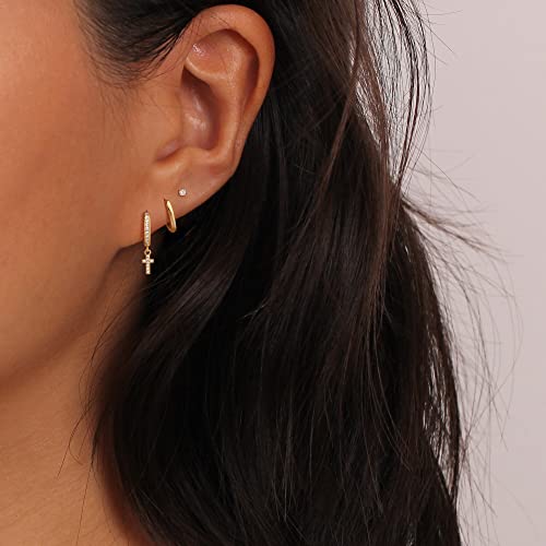 Freekiss 3 Pairs Hoop Earrings Set - Dainty Stud Dangle Cartilage for Women | Hypoallergenic Earrings, Cubic Zirconia Stackable Trendy Small Set Jewelry Gifts for Women - style: Cross Set-gd