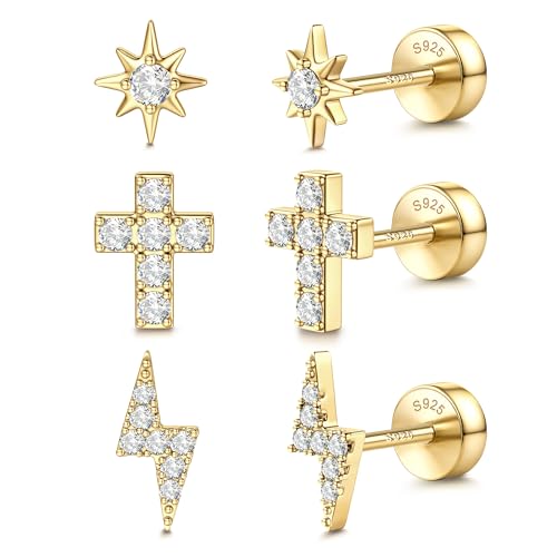 14K Gold Plated 925 Sterling Silver Flat Back Earrings Set | Hypoallergenic Cartilage Helix Conch Tragus Piercing Jewelry 3 Pairs Small Screw Dainty CZ Opal Earring Set Men Women - color: Gold, Style H