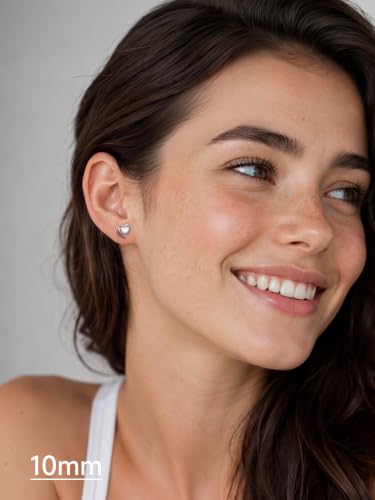 JustBeingCute Heart Stud Earrings 14K Gold Plated 925 Sterling Silver Posts | Dainty Simple Heart Earrings for Women hypoallergenic Chunky Puffy Studs Lightweight with Gift Box（7/10mm） - color: 10mm Silver Stud