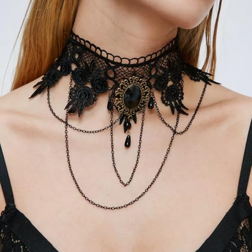 Qceasiy Gothic Black Necklace for Women, Adjustable Victorian Velvet Lace Collar, Halloween Party Cosplay Jewelry Gift - style: Black Gem Chain