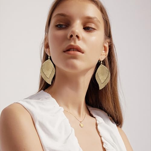 Genuine Leather Handmade Fringe Feather Lightweight Dangle Drop Earrings Teardrop Tassel Hook Earrings for Women - style: 11 Light coffee color