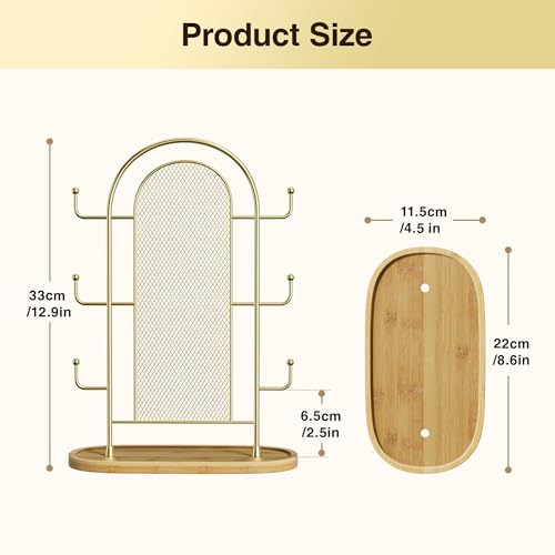 bussdis Jewelry Holder Organizer Earring Display - Earring Storage Tree Stands Towers With 6 Hooks 300 Studs Wood Tray Gold Metal Rack - color: Gold
