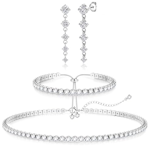 LOLIAS Silver Jewelry Set for Women Tennis Necklace Bracelet Hypoallergenic | Wedding Jewelry Sets for Brides Bridemaid,Costume Party Prom Accessories,Chockers Necklace CZ Tennis Bracelet Earrings Studs - style: Tennis Necklaces Bracelet+Dangle Earrings