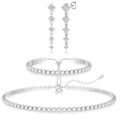 LOLIAS Silver Jewelry Set for Women Tennis Necklace Bracelet Hypoallergenic | Wedding Jewelry Sets for Brides Bridemaid,Costume Party Prom Accessories,Chockers Necklace CZ Tennis Bracelet Earrings Studs - style: Tennis Necklaces Bracelet+Dangle Earrings