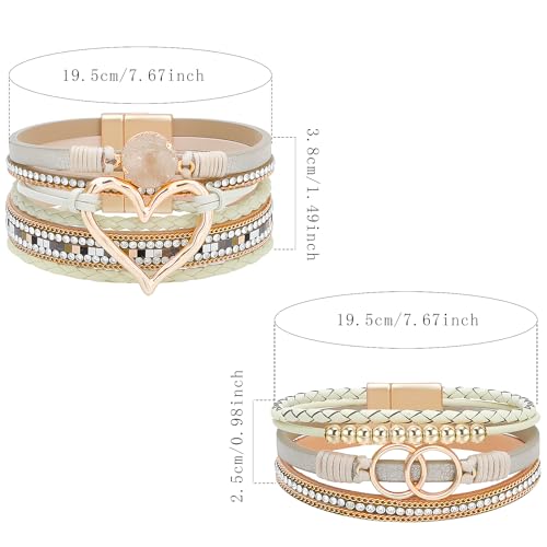 NEWITIN 2 Pieces Leather Wrap Bracelets for Women Leather Cuff Bangle Bracelets Boho Multi-Layer Bracelet Crystal Beads Bracelet for Women - color: Khaki