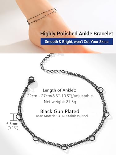 PROSTEEL Ankle Bracelets for Women, Silver/Gold/Black, Waterproof Anklets | Waterproof, Stainless Steel, Summer Beach Jewelry, Durable & No Tarnish, Come with Gift Box, 8-10.5" Adjustable, Plus Size - color: I: Black--6 Heart Layered