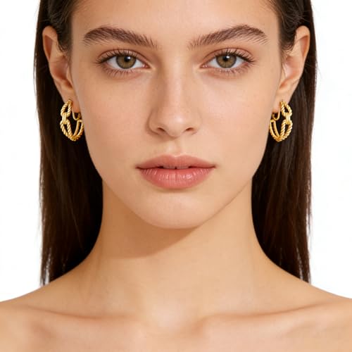 Clip on Earrings for Women Silver and Gold Plated Twisted Rope Hoops Non Pierced C Hoop Earring Lightweight Two Tone Clips Mixed Metal Jewelry Gifts - color: Eternity Hoop-gold
