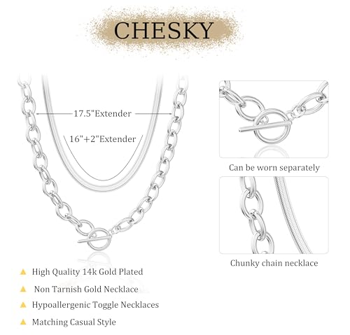 CHESKY 14K Gold Plated Chunky Necklace for Women, Trendy Toggle Clasp | Statement Pendant Necklace, Layered Paperclip Chain, Toggle Clasp Design, Thick Gold Chain, Non Tarnish Everyday Jewelry - color: silver, style: paperclip+herringbone