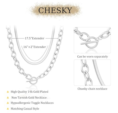 CHESKY 14K Gold Plated Chunky Necklace for Women, Trendy Toggle Clasp | Statement Pendant Necklace, Layered Paperclip Chain, Toggle Clasp Design, Thick Gold Chain, Non Tarnish Everyday Jewelry - color: silver, style: paperclip+herringbone
