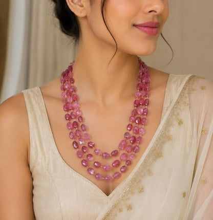 Triple Strand Pink Crackle Bead Necklace for Women Layered Statement Jewelry with Gold Tone Clasp Elegant Necklace
