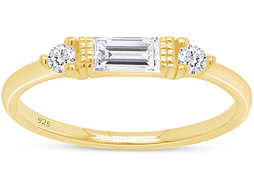 3 Stone Stackable Ring for Women with Birthstone And White Cubic Zircionia | Dainty Minimalist Ring In 14K Gold Over Sterling Silver - color: Yellow Gold : Cubic Zirconia