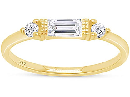 3 Stone Stackable Ring for Women with Birthstone And White Cubic Zircionia | Dainty Minimalist Ring In 14K Gold Over Sterling Silver - color: Yellow Gold : Cubic Zirconia