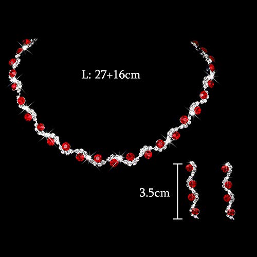 Bride Silver Necklace Earrings Set Crystal Bridal Wedding Jewelry Set Rhinestone Choker Necklace for Women and Brides - color: Red