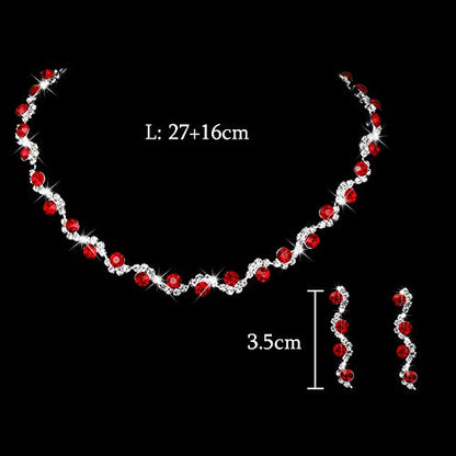 Bride Silver Necklace Earrings Set Crystal Bridal Wedding Jewelry Set Rhinestone Choker Necklace for Women and Brides - color: Red